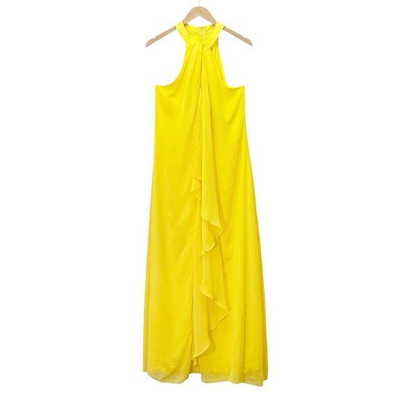 NWT Meghan LA Aphrodite Maxi Dress Size Medium Yellow Halter Ruffle Slit Gown - Picture 2 of 14
